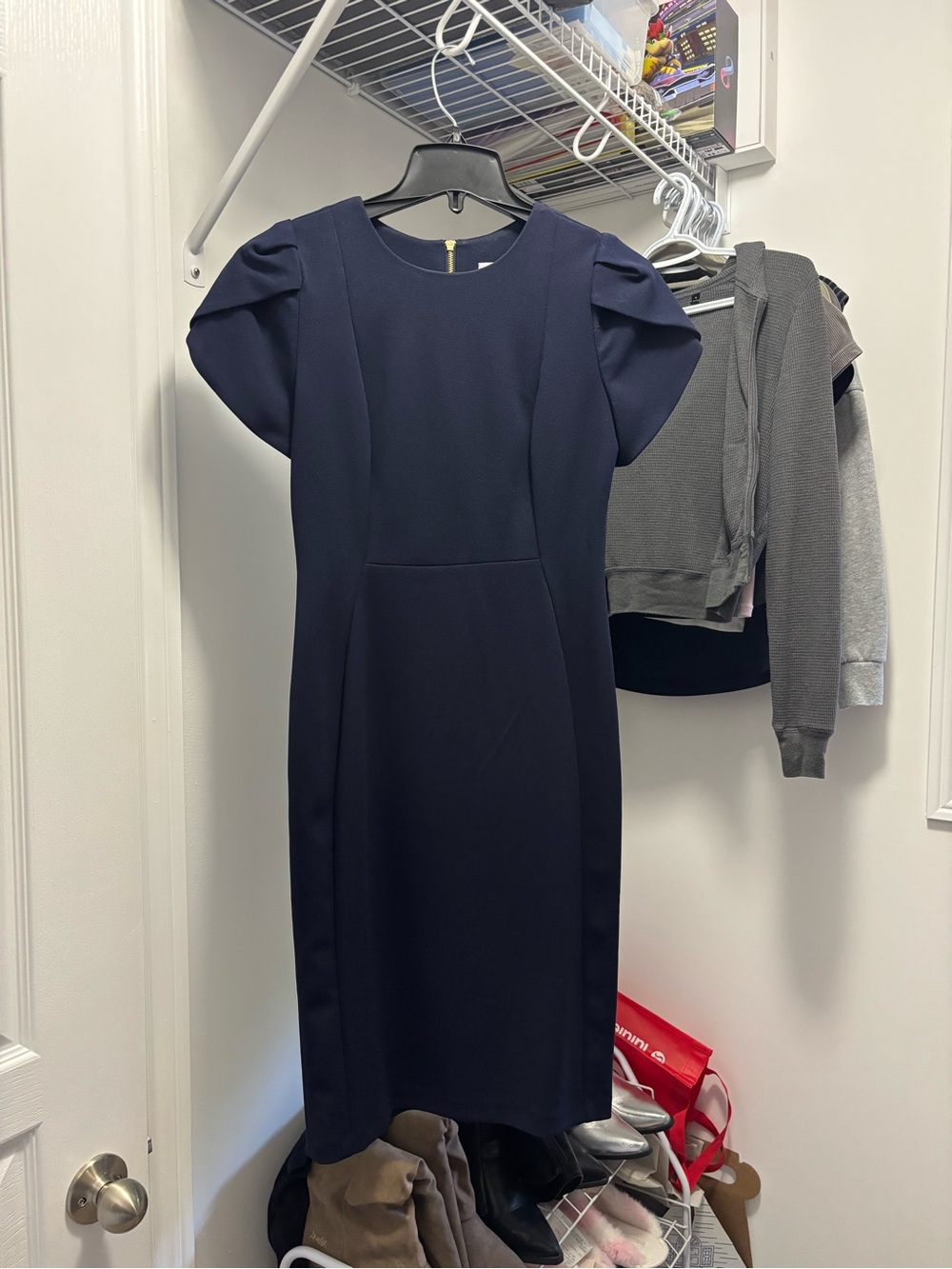 Calvin Klein Navy Puff-Sleeve Midi Sheath Dress